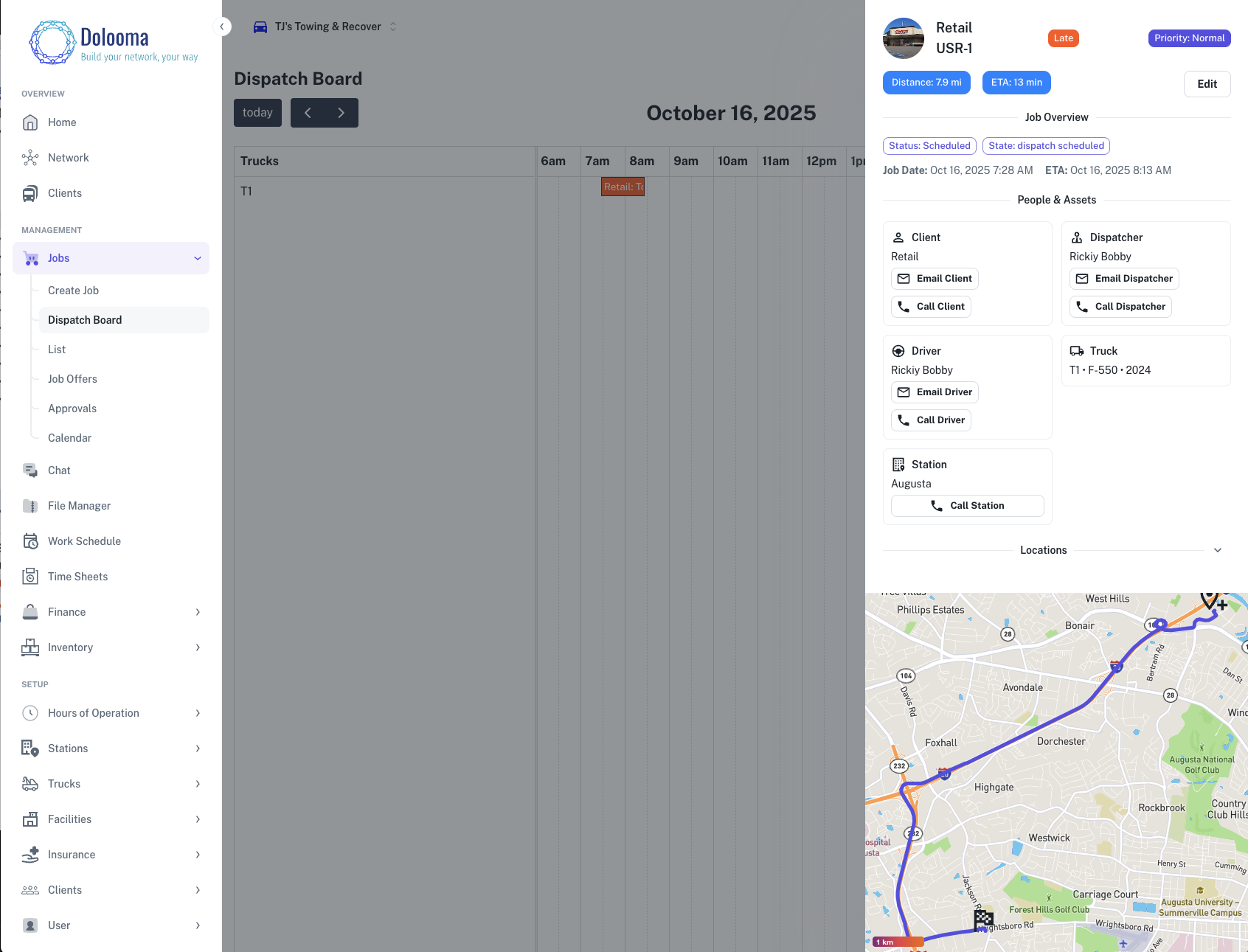 Tow truck dispatch software interface